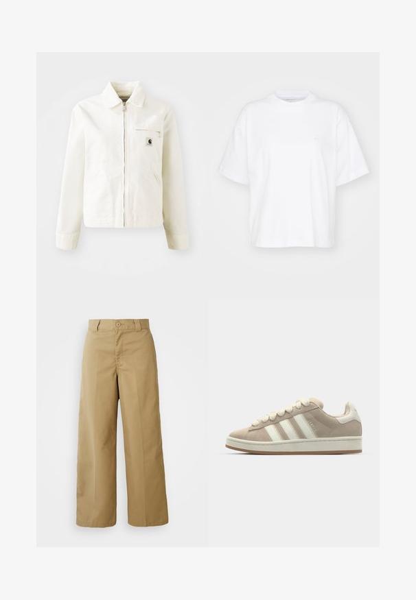 Chaqueta blanca de algodón con cierre frontal, cuello puntiagudo y bolsillos laterales. Presenta un pequeño parche con logo en el pecho y mangas largas.; Camiseta de algodón blanca con cuello redondo, mangas cortas y un corte relajado. Presenta un logo sutil en el área del pecho izquierdo. Textura suave.; Pantalones de pierna ancha beige, confeccionados en una mezcla de algodón, con cierre de botón, trabillas para cinturón y bolsillos delanteros.; Zapatillas de ante marrón con rayas y cordones de cuero blanco, suela de goma, cuello acolchado y detalles texturizados en la parte superior.