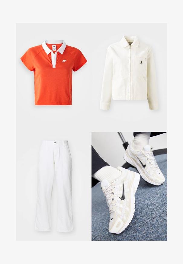 Veste blanche en coton avec fermeture éclair à l'avant, col pointu et poches latérales. Présente un petit logo brodé sur la poitrine et des manches longues.; Polo shirt orange avec un col blanc, à manches courtes, et le logo Nike en blanc sur la poitrine gauche. Fabriqué en un mélange de coton doux.; Pantalon en coton blanc avec une coupe droite, doté d'une fermeture à bouton, de poches latérales et d'une coupe décontractée. Texture lisse.; Des baskets Nike blanches et beiges avec une tige en mesh, un revêtement texturé, un swoosh noir et une semelle rembourrée avec une semelle extérieure antidérapante.