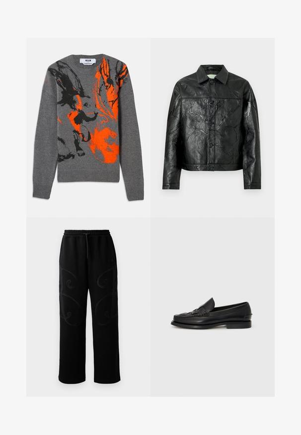 Veste en cuir noire avec une texture froissée, fermeture boutonnée, col pointu et manches longues. Comprend deux poches avant.; Pull en tricot gris avec un design abstrait contrasté en orange et noir. Encolure ronde et poignets et ourlet côtelés. Texture douce.; Pantalons de jogging noirs avec une coupe décontractée, présentant des motifs de couture tourbillonnants complexes sur les côtés et une ceinture élastique avec cordon de serrage.; Mocassin en cuir noir avec un détail tissé à l'avant, bout arrondi et petit talon. Texture lisse et design minimaliste.