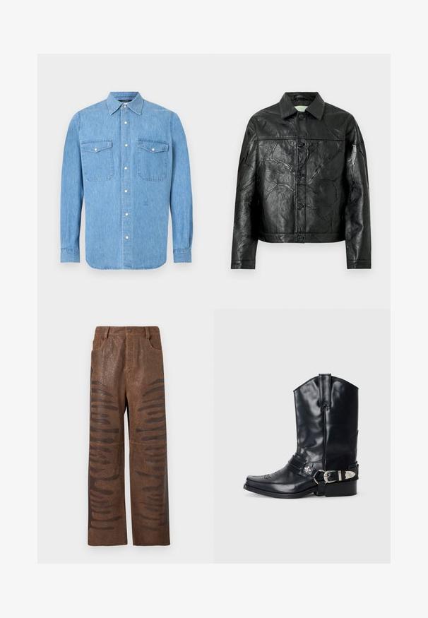 Veste en cuir noire avec une texture froissée, fermeture boutonnée, col pointu et manches longues. Comprend deux poches avant.; Chemise en denim bleu clair à manches longues avec fermeture boutonnée sur le devant et deux poches poitrine à rabat avec boutons-pression sur fond blanc.; Pantalons en simili cuir marron avec une finition texturée, dotés de découpes horizontales allongées le long des côtés et d'un design à jambes droites.; Botte de cowboy en cuir noir avec un bout pointu, une tige haute, des coutures décoratives et une quincaillerie en argent sur la sangle. Fini texturé.