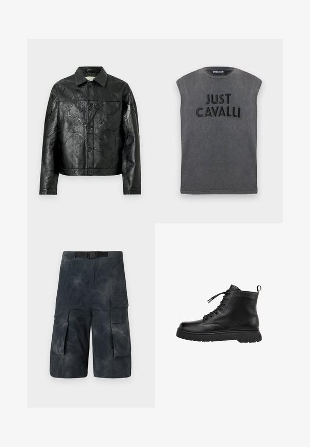 Schwarze Lederjacke mit einer zerknitterten Textur, durchgehender Knopfleiste, spitzem Kragen und langen Ärmeln. Verfügt über zwei Fronttaschen.; Ärmelloses, gewaschenes schwarzes T-Shirt mit gepolsterten Schultern und dem auf der Vorderseite eingeprägten Schriftzug "JUST CAVALLI".; Dunkelgraue Cargo-Shorts mit Seitentaschen und einem integrierten schwarzen Gürtel, mit leicht zerknitterter Textur.; Schwarze Lederknöchelstiefel mit glatter Oberfläche, runder Zehenform und Schnürung an der Vorderseite. Mit einer dicken Gummisohle und einer Schlaufe auf der Rückseite ausgestattet.