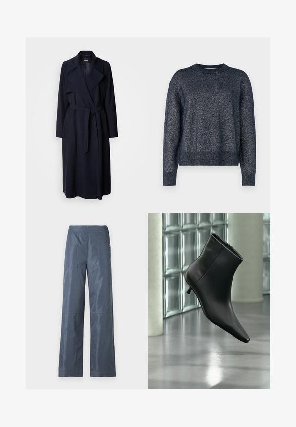 Marineblauwe trenchcoat met een grote kraag, lange mouwen, een strikceintuur in de taille en zijzakken. Glad materiaal met een ontspannen pasvorm.; Marine gebreide trui met een ronde halslijn, lange mouwen en een gestructureerde afwerking met subtiele metalen draadjes doorheen.; Wijde broek in donkergrijs, gemaakt van een soepele stof. Heeft twee voorzakken en gestikte details langs de naden.; Zwarte leren enkellaars met spits toelopende neus en lage kittenhak, schuin weergegeven tegen een gepolijste vloer en een glazen blokken muur als achtergrond.
