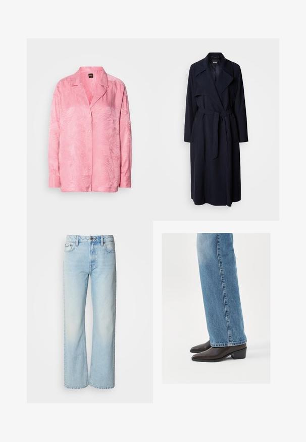 Marineblå trenchcoat med stor krave, lange ærmer, et bundet bælte i taljen og sidelommer. Glat stof med et afslappet pasformdesign.; Lyserød skjorte med knaplukning, der har et subtilt palmebladsmønster. Fremstillet af et glat stof med en afslappet pasform og klassisk krave-design.; Lyseblå brede jeans lavet af denim med et klassisk fem-lomme design og en subtil falmet tekstur. Denim-syninger er synlige.; Brune læderankelstøvler med spids tå og blokhæl, parret med lysblå lige ben jeans, der fremviser et rent og enkelt design.