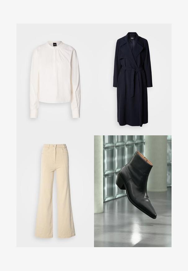 Manteau trench en marine avec un large col, des manches longues, une ceinture nouée à la taille et des poches latérales. Tissu lisse avec une coupe décontractée.; Blouse blanche à manches longues avec un col rond et une patte de boutonnage, présentant des rayures verticales subtiles, affichée sur un fond uni.; Jeans beige à jambes larges avec taille haute, poches avant, et couture contrastée, dotés d'une fermeture à bouton et d'une texture en coton lisse.; Bottine en cuir noir avec un bout pointu et un talon carré lévitant au-dessus d'un sol gris réfléchissant près d'un mur en blocs de verre.