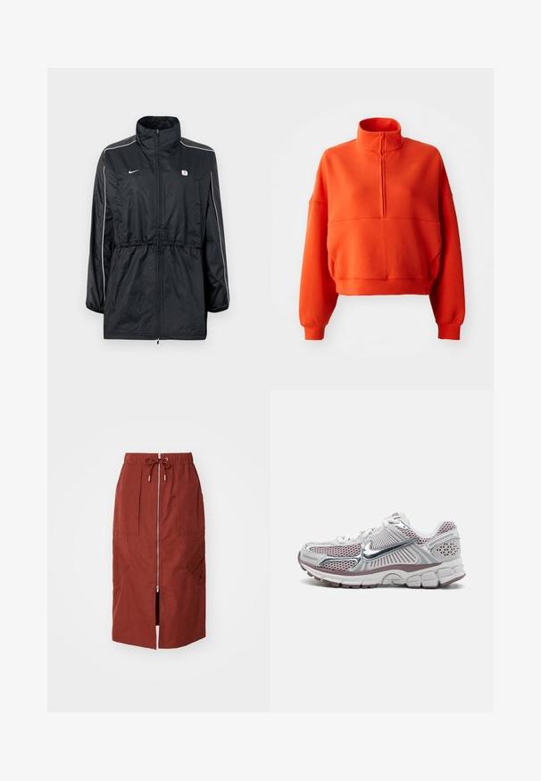 Zwarte windbreaker jas met een hoge kraag, ritssluiting, verstelbare taille met trekkoord en witte strepen aan de zijkant. Logo op de borst.; Felgekleurde oranje cropped sweatshirt met een hoge kraag en halve rits, voorzien van brede mouwen en een textuurstof voor comfort.; Mid-length rok in terracotta rood, met een rits aan de voorkant, een elastische tailleband met trekkoord en zijzakken met een geometrisch ontwerp.; Nike sportieve schoen met een witte mesh bovenkant, zilveren accenten, roze details en een dikke, gevoerde, gestructureerde zool.