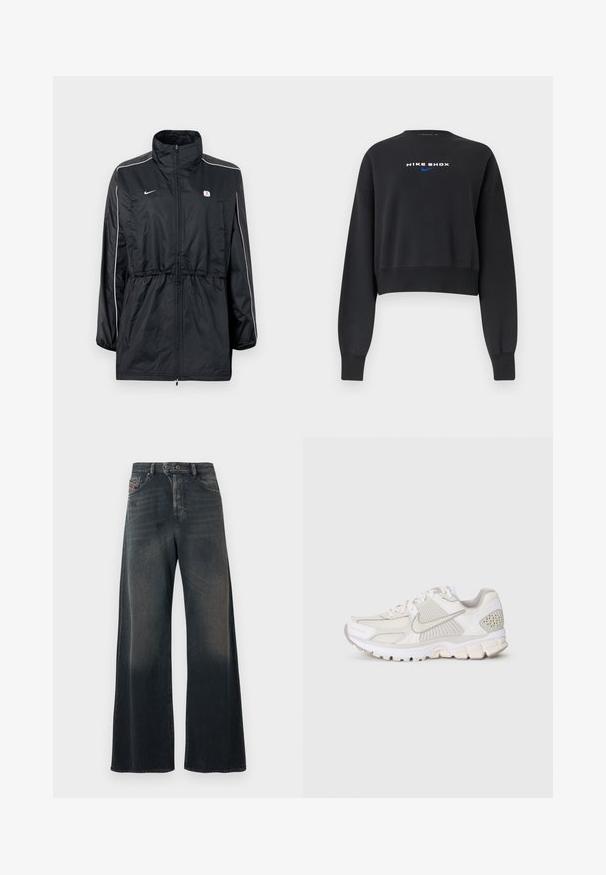 Chaqueta cortavientos negra con cuello alto, cierre de cremallera, cintura con cordón ajustable y franjas blancas laterales. Logo en el pecho.; Sudadera negra recortada de manga larga con puños y dobladillo acanalados, con texto blanco "NIKE SHOX" y el logo azul de Nike en el pecho.; Vaqueros de pierna ancha en denim de lavado oscuro con una sutil textura desgastada, que cuentan con cierre de botones y bolsillos traseros con detalles de costura.; Zapato deportivo blanco con materiales de malla y sintéticos. Presenta un diseño texturizado, cuello acolchado y acentos geométricos en el talón.