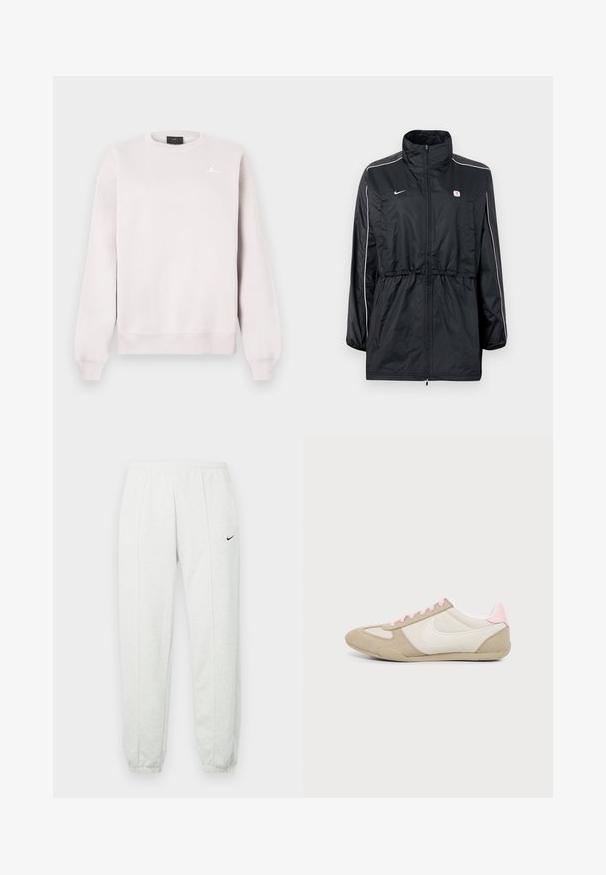 Veste coupe-vent noire avec un col montant, fermeture éclair, taille ajustable avec cordon de serrage, et bandes blanches sur les côtés. Logo sur la poitrine.; Sweatshirt beige clair à col ras du cou avec des manches longues et un petit logo Jumpman blanc sur la poitrine gauche.; Pantalon de survêtement Nike gris clair avec une taille élastique, des poignets resserrés et un petit logo noir sur la cuisse gauche. Tissu doux et texturé.; Baskets profil bas beige et blanc avec des accents et lacets roses, avec un grand logo swoosh blanc sur le côté.