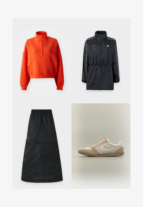 Chaqueta cortavientos negra con cuello alto, cierre de cremallera, cintura con cordón ajustable y franjas blancas laterales. Logo en el pecho.; Sudadera corta de color naranja brillante con cuello alto simulado y media cremallera, con mangas amplias y una tela texturizada para mayor comodidad.; Falda deportiva negra hecha de tela de nylon ligera y suave. Presenta una cintura elástica y un diseño simple, largo y en línea A.; Zapatilla de perfil bajo en beige y blanco con cordones rosas y detalle en el talón, mostrando el logo de Nike en el lateral sobre un fondo liso.