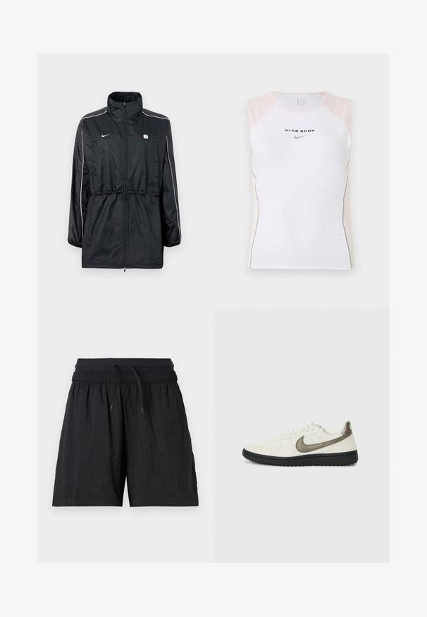 Veste coupe-vent noire avec un col montant, fermeture éclair, taille ajustable avec cordon de serrage, et bandes blanches sur les côtés. Logo sur la poitrine.; Haut de sport blanc sans manches avec des accents beiges sur les épaules, texte "NIKE SHOX" et logo Nike swoosh noir sur la poitrine.; Short de sport noir texturé avec taille élastique, cordon ajustable et poches latérales, présenté sur un fond blanc.; Nike Sportswear FIELD GENERAL - Baskets basses - off-white/black
