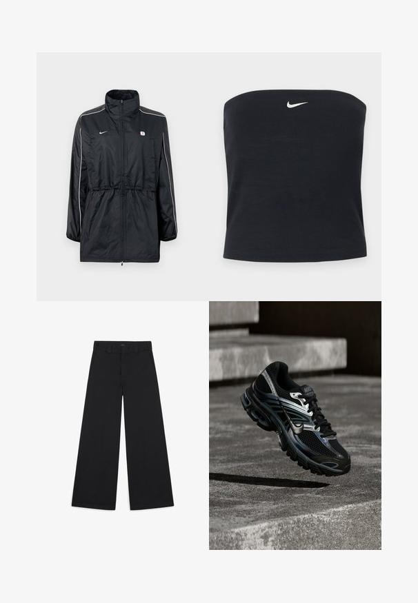 Zwarte windbreaker jas met een hoge kraag, ritssluiting, verstelbare taille met trekkoord en witte strepen aan de zijkant. Logo op de borst.; Zwarte Nike strapless tube top met wit Swoosh-logo gecentreerd nabij de bovenrand, effen achtergrond.; Zwarte brede broek gemaakt van een zachte, geweven stof. Heeft persplooien, ceintuurlussen en een nette, op maat gemaakte afwerking.; Zwart-zilveren Nike hardloopschoen zwevend boven betonnen trappen, met een gedetailleerd ontwerp en een getextureerde zool in een buitenomgeving.