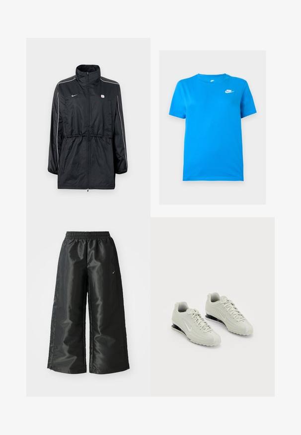 Schwarze Windbreaker-Jacke mit hohem Kragen, Reißverschluss, verstellbarem Taillenzug und weißen Seitenstreifen. Logo auf der Brust.; Blaues kurzärmeliges Nike-T-Shirt mit Rundhalsausschnitt und weißem Nike-Logo auf der oberen linken Brust vor einfachem Hintergrund.; Schwarze Sporthose aus glänzendem, glattem Stoff, mit einem elastischen Bund, weitem Bein und einem kleinen Logo auf der linken Seite.; Weiße Nike-Sneaker mit einer strukturierten Oberseite, ausgestattet mit einer glatten Zehenkappe und schwarzen Polsterakzenten. Schnürstil mit verstärktem Absatz.