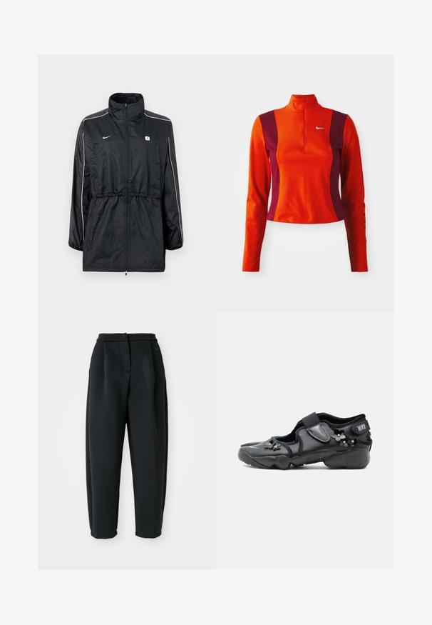 Schwarze Windbreaker-Jacke mit hohem Kragen, Reißverschluss, verstellbarem Taillenzug und weißen Seitenstreifen. Logo auf der Brust.; Roter und lila Langarm-Oberteil mit einem Viertelreißverschluss, das ein Nike-Logo auf der Brust trägt und eine figurbetonte Passform mit einer glatten Textur aufweist.; Schwarze Hose aus glattem Stoff, mit einem taillierten Bund, gefaltetem Vorderteil und schmal zulaufendem Bein mit umschlagenen Säumen.; Schwarzer Nike Air Schuh mit Klettverschluss, verziert mit kleinen schwarzen Blumenverzierungen an der Seite und vorne.