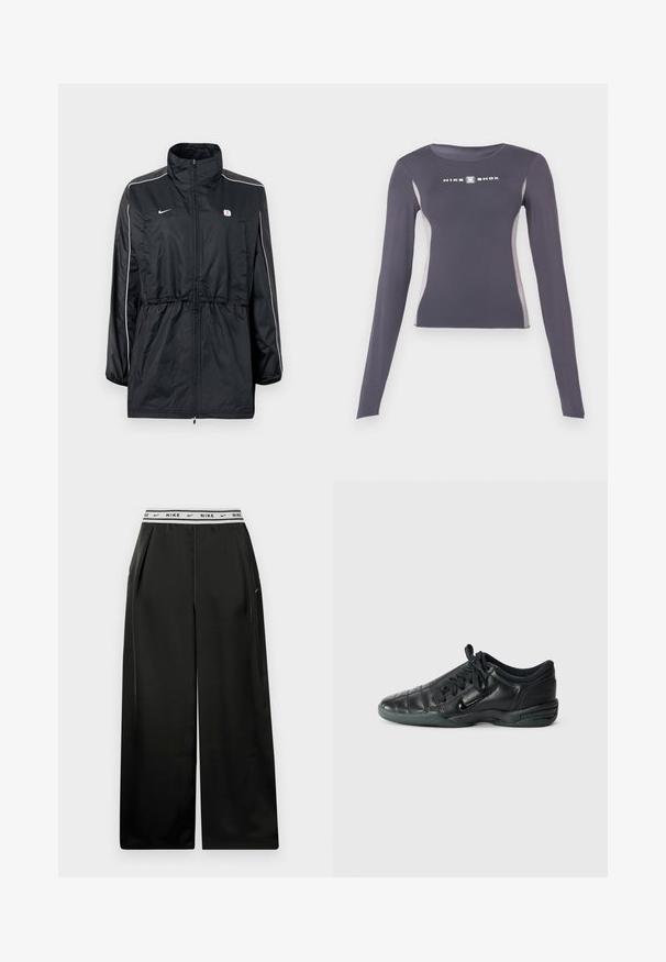 Chaqueta cortavientos negra con cuello alto, cierre de cremallera, cintura con cordón ajustable y franjas blancas laterales. Logo en el pecho.; Camiseta deportiva ajustada de manga larga color gris oscuro con paneles laterales gris claro y logo "Nike Shox" en blanco en el pecho.; Pantalones negros de pierna ancha hechos de tela suave, con una cinturilla elástica blanca con el logo "NIKE". Los pliegues aportan dimensión y textura.; Zapatilla deportiva de cuero negro con un diseño acolchado, punta redondeada, cordones en la parte delantera y suela de goma. Presenta un sutil logotipo en el lateral.