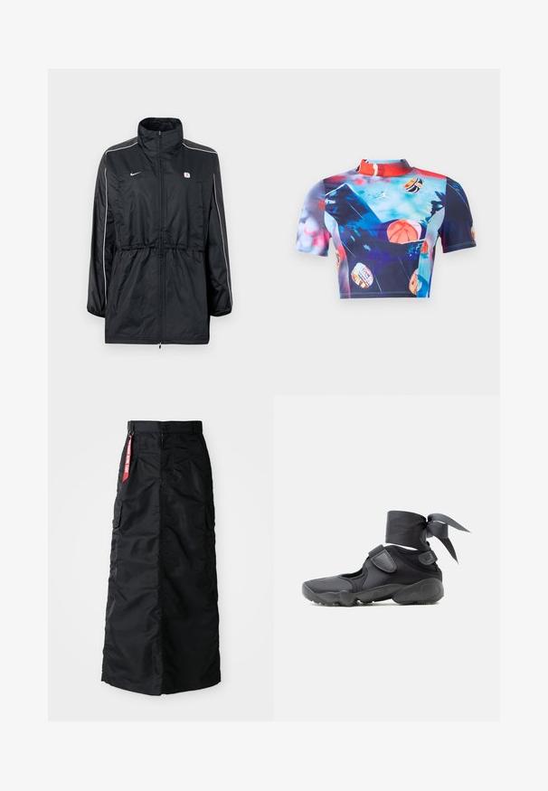 Zwarte windbreaker jas met een hoge kraag, ritssluiting, verstelbare taille met trekkoord en witte strepen aan de zijkant. Logo op de borst.; Korte mouw cropped top van rekbare, gladde stof met een levendige meerkleurige print met basketbalmotieven en een ontwerp met hoge kraag.; Zwarte lange rok met een voorkant met knopen en rits, zij cargo zakken en een rode 'Remove Before Flight' stoffen label op de tailleband.; Zwarte sportieve schoen met uitsparingen, klittenbandsluitingen en een enkellint dat in een strik is vastgemaakt, zijaanzicht op een witte achtergrond.