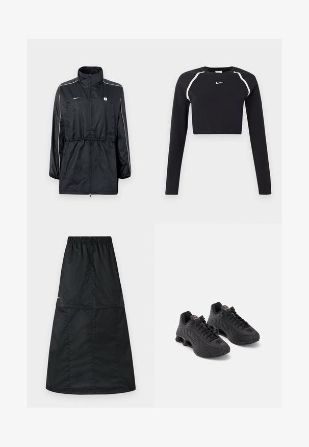 Schwarze Windbreaker-Jacke mit hohem Kragen, Reißverschluss, verstellbarem Taillenzug und weißen Seitenstreifen. Logo auf der Brust.; Schwarzes langärmliges, kurzes Sportoberteil mit weißen, geschwungenen Schulterstreifen und kleinem weißen Nike-Swoosh-Logo auf der Brustmitte.; Schwarzer sportlicher Rock aus leichtem, glattem Nylonstoff. Verfügt über einen elastischen Bund und ein schlichtes, langes, A-förmiges Design.; Schwarze Sportschuhe mit einem glatten synthetischen Obermaterial, strukturierten Akzenten, Schnürdesign und sichtbarer Federung im Fersenbereich.