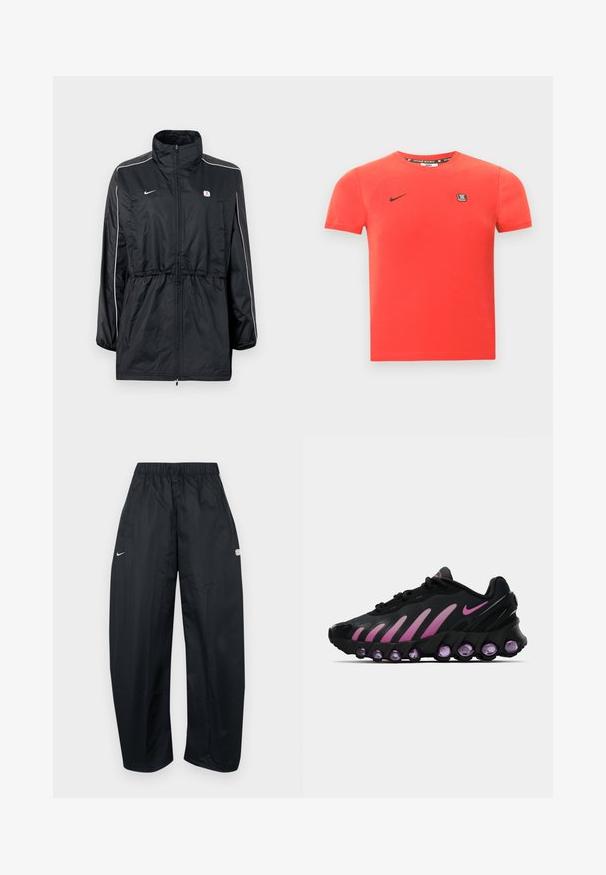 Chaqueta cortavientos negra con cuello alto, cierre de cremallera, cintura con cordón ajustable y franjas blancas laterales. Logo en el pecho.; Camiseta de algodón roja con mangas cortas, con un logo negro de Nike y un pequeño parche de la marca en el pecho. Cuello redondo sencillo.; Pantalones deportivos negros de corte holgado hechos de material ligero. Cuentan con una cintura elástica, cordón ajustable y detalles con el logo.; Zapatillas Nike negras y rosas con parte superior de malla, diseño curvado y amortiguación morada redondeada en la suela y los laterales.