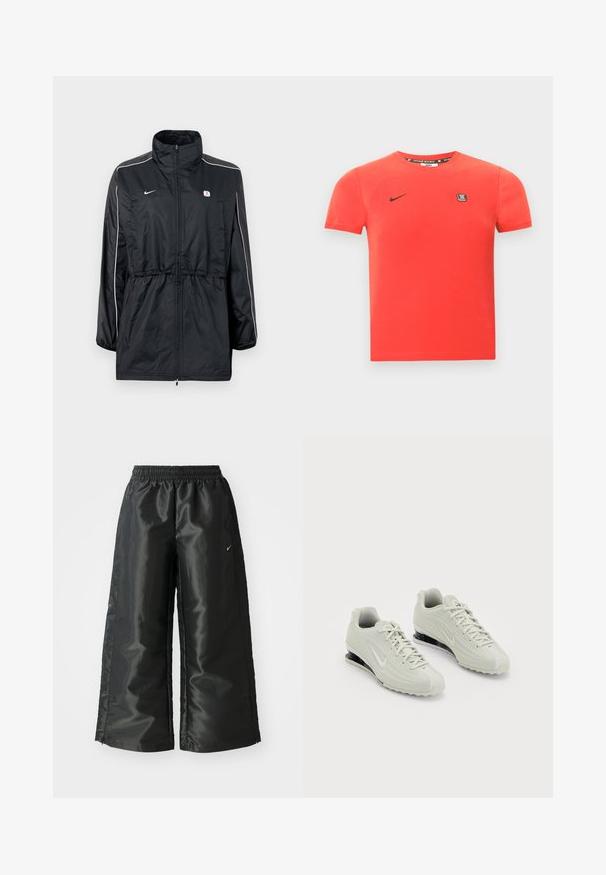 Sort vindjakke med høj krave, lynlåslukning, justerbar snor i taljen og hvide striber på siderne. Logo på brystet.; Rød bomulds T-shirt med korte ærmer, med et sort Nike-logo og et lille mærke på brystet. Enkel rund halsudskæring.; Sorte sportsbukser i et blankt, glat stof med en elastisk talje, brede ben og et lille logo på venstre side.; Hvide Nike sneakers med en tekstureret overdel, der har en glat tæer og sorte polstringselementer. Snørebåndsstil med forstærket hæl.