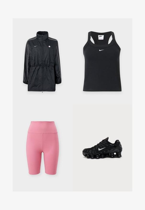 Veste coupe-vent noire avec un col montant, fermeture éclair, taille ajustable avec cordon de serrage, et bandes blanches sur les côtés. Logo sur la poitrine.; Top court côtelé Nike noir à dos nageur avec logo Nike swoosh blanc centré sous l'encolure.; Shorts de cycliste roses taille haute avec un design lisse et sans coutures, longueur mi-cuisse sur fond blanc.; Chaussure de sport Nike noire avec logo Swoosh argenté, tige en mesh et synthétique, et semelle coussinée segmentée distinctive.