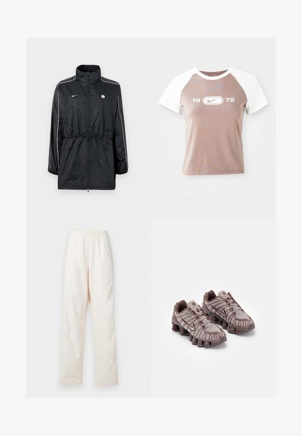 Sort vindjakke med høj krave, lynlåslukning, justerbar snor i taljen og hvide striber på siderne. Logo på brystet.; Kortærmet t-shirt med en lys brun krop og hvide raglanærmer, med et stort hvidt grafisk logo og årstallet "1972" centreret foran.; Løse, cremefarvede bukser med elastisk talje og lige ben, vist mod en ensfarvet hvid baggrund.; Nike Sportswear SHOX TL - Sneakers - pumice/night maroon/plum eclipse