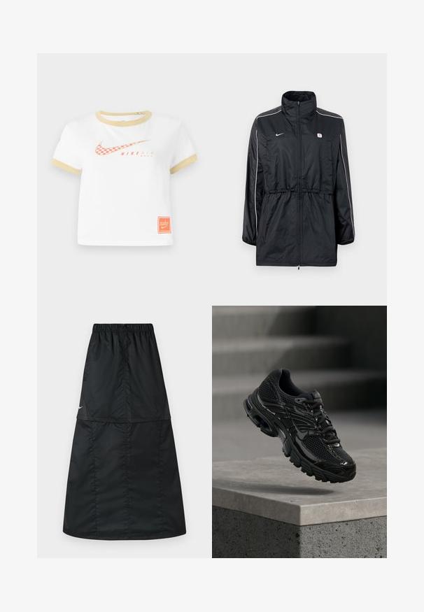 Schwarze Windbreaker-Jacke mit hohem Kragen, Reißverschluss, verstellbarem Taillenzug und weißen Seitenstreifen. Logo auf der Brust.; Weißes T-Shirt mit goldenen Akzenten, das ein rotes kariertes Nike-Swoosh-Logo, den Text "NIKE AIR" und ein kleines oranges Nike-Label am Saum zeigt.; Schwarzer sportlicher Rock aus leichtem, glattem Nylonstoff. Verfügt über einen elastischen Bund und ein schlichtes, langes, A-förmiges Design.; Schwarzer Nike Laufschuh mit Mesh- und Synthetik-Obermaterial, der über einer Betonfläche und Treppen im Hintergrund schwebt.