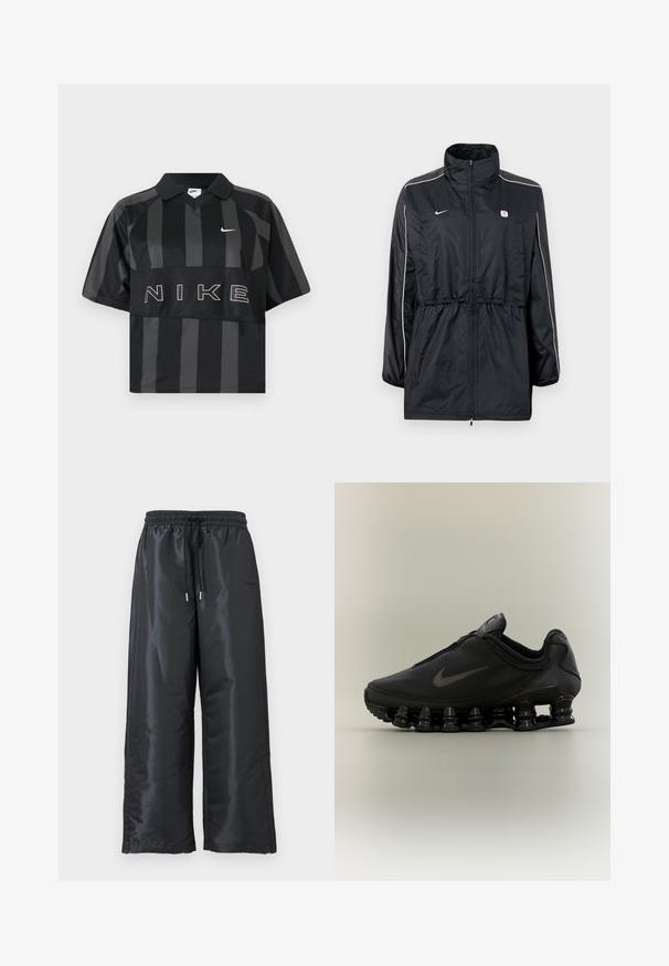 Veste coupe-vent noire avec un col montant, fermeture éclair, taille ajustable avec cordon de serrage, et bandes blanches sur les côtés. Logo sur la poitrine.; Polo Nike manches courtes à rayures verticales noires et gris foncé, col, virgule Nike blanche et grand texte NIKE sur la poitrine.; Pantalons larges noirs en tissu brillant et lisse. Présentent une taille élastique avec cordon de serrage et des poches latérales.; Baskets Nike noires avec tige zippée et semelle segmentée distinctive en forme de ressort, présentées de profil sur un fond neutre.