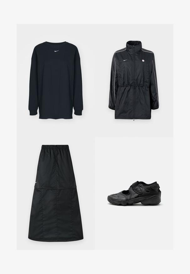 Sort vindjakke med høj krave, lynlåslukning, justerbar snor i taljen og hvide striber på siderne. Logo på brystet.; Sort langærmet T-shirt lavet af bomuld med rund hals. Har et hvidt Nike-logo på brystet. Blød tekstur, enkelt design.; Sort atletisk nederdel lavet af let, glat nylonstof. Har elastisk taljebånd og et enkelt, langt, A-formet design.; Sort atletisk sandal med lukket tå, velcro stropper ved mellemfoden og hælen samt tyk polstret sål markeret med "AIR" på siden.