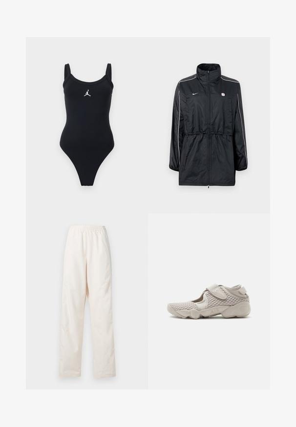 Veste coupe-vent noire avec un col montant, fermeture éclair, taille ajustable avec cordon de serrage, et bandes blanches sur les côtés. Logo sur la poitrine.; Maillot de bain une pièce noir avec de larges bretelles et un logo Jumpman blanc centré sur la poitrine sur un fond uni.; Pantalon couleur crème à taille élastique et coupe droite, de coupe ample, présenté sur un fond blanc uni.; Chaussure de sport beige clair avec tige en mesh, bride réglable et semelle rembourrée marquée "AIR", vue de côté sur fond blanc.