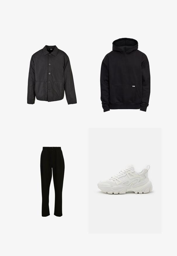 Veste noire à boutons, fabriquée dans un tissu lisse et léger. Elle dispose d'un col, de manches longues et de deux poches avant.; Sweat à capuche noir à enfiler avec poche kangourou avant et poignets et ourlet côtelés, présenté à plat sur fond blanc.; Pantalons noirs à côtes avec une taille élastique, dotés d'un cordon de serrage et de jambes larges. Le tissu est doux avec une texture lisse.; Des baskets de sport blanches avec une tige texturée, des panneaux en maille, une semelle en caoutchouc proéminente et des découpes décoratives sur les côtés.