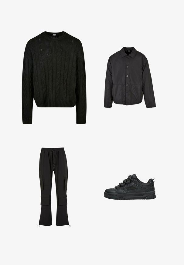 Zwarte button-up jacket gemaakt van een gladde, lichte stof. Heeft een kraag, lange mouwen en twee voorzakken.; Zwart gebreid sweater met kabelpatronen, ronde hals, verlaagde schouders en geribbelde zoom. Halve crop ontwerp met een textuurafwerking.; Zwarte cargo broek van zacht materiaal, met meerdere zijzakken, een elastische tailleband met trekkoord en taps toelopende benen met verstelbare boorden.; Zwarte lage sneaker met dikke zool, gevoerde kraag, meshpanelen en dikke veters, afgebeeld tegen een witte achtergrond.