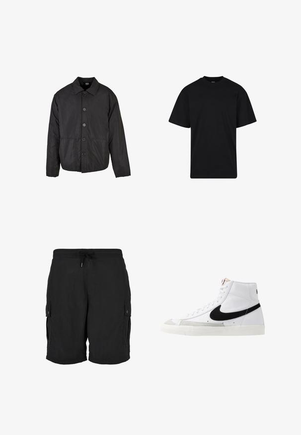 Veste noire à boutons, fabriquée dans un tissu lisse et léger. Elle dispose d'un col, de manches longues et de deux poches avant.; T-shirt noir à manches courtes avec col rond, coupe décontractée, design simple sans logos ni motifs visibles.; Short cargo noir avec taille élastique, cordon ajustable et poches latérales boutonnées.; Baskets montantes blanches avec un swoosh noir, un capuchon de pied texturé gris et une semelle plate blanche. Elles possèdent six œillets et des accents cousus.