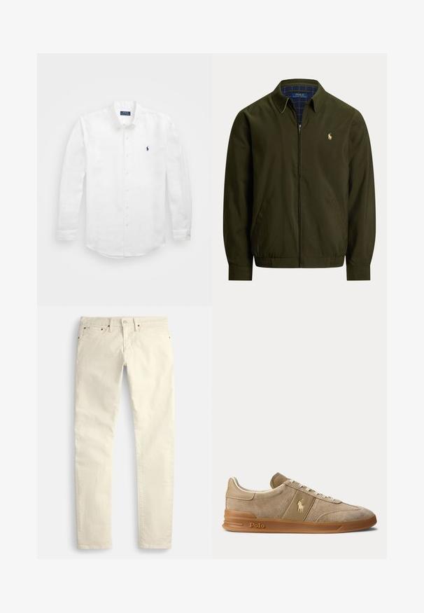 Oliivroheline lukuga jope kraega, küljetaskutega, elastse äärega ja väikese üleni tikitud Polo Ralph Laureni logoga rinnal.; Valge pikavarrukaga puuvillane särk, millel on nööpidega kaelus, vasakul rinnal väike tumesinine logo ja klassikaline nööpide sulgemine.; Heledat beezhitooni sirge säärega püksid, valmistatud tekstuurse kangaga. Omavad viit taskut ja pruuni metallist riistvara. Pole nähtavaid mustreid ega aksente.; Beež color veluurist ja nahast madala säärega toss kummikõrrega, valgete paelte ja Polo logoga küljel ning tallal.