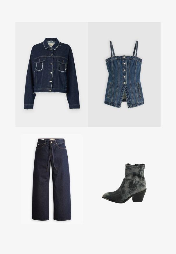 Denimjakke i mørkeblå med en raflet kant, struktureret form, to forlommer og sølvfarvede knaplukninger; tekstureret stoffinish.; Denim corset-top med justerbare stropper, frontlukning med knapper, lodrette sømdetaljer, sidelommer og en let åbning foran.; Bredde ben mørkeblå denim jeans med høj talje, der har snoretræk, fem lommer og kontrastsyet detaljer.; Sort og grå tekstureret ankelstøvle med spids tå, lav stablet hæl og lynlås lukning bagpå.