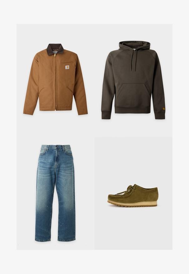 Chaqueta de trabajo marrón con cremallera, cuello marrón oscuro, dos bolsillos delanteros, bolsillo con cremallera en el pecho y pequeño parche con el logo de Carhartt.; Sudadera lisa de color marrón oscuro con capucha, bolsillo de canguro delantero y cordón en la capucha, mostrada sobre un fondo claro.; Vaqueros azules de corte recto con un ligero desgaste y pequeñas salpicaduras blancas de pintura, botón delantero y detalles visibles en los bolsillos.; Zapato de ante verde oliva con punta redonda, diseño de cordones y suela de goma baja y texturizada. Detalle de costura mínima a lo largo del borde.