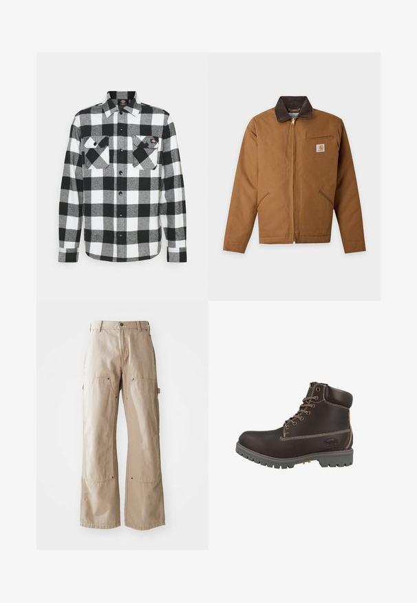 Bruine werkjas met rits en donkerbruine kraag, twee voorzakken, borstzak met rits en klein Carhartt-logo.; Zwart-witte flanellen blouse met een geruit patroon, voorzien van twee borstzakken, knoopsluiting en een kraag. Zachte, gestructureerde stof.; Beige wijde broek van stevige katoen. Heeft voor- en zijzakken, zichtbare stiksels en metalen accenten op de zakken.; Bruine leren enkellaars met grijze rubberen zool, verstevigde neus, gestikte accenten en metalen veterogen. Zijkant met zichtbaar merkembleem.