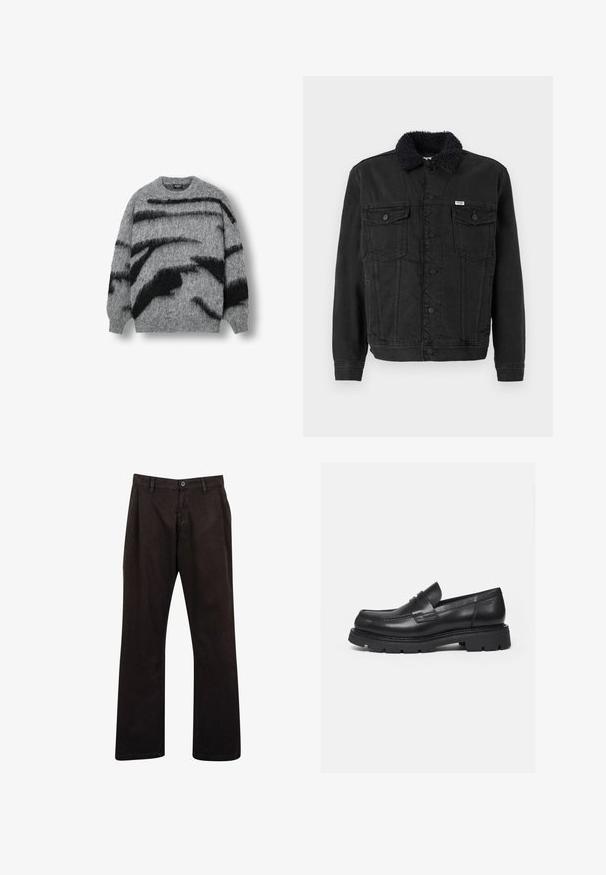 Veste en denim noir avec un col en fourrure, dotée d'une fermeture à boutons, de deux poches poitrine et d'une coupe structurée. Texture unie sans motifs.; Pull en maille grise avec une texture douce, de larges rayures abstraites noires, col rond et bords-côtes aux poignets et à l'ourlet.; Pantalon en coton noir avec une coupe droite, doté d'une fermeture à bouton et de poches standard. Style minimaliste sans motifs visibles.; Mocassin en cuir noir avec semelle épaisse crantée et détail de bride penny, présenté en profil droit sur fond blanc.