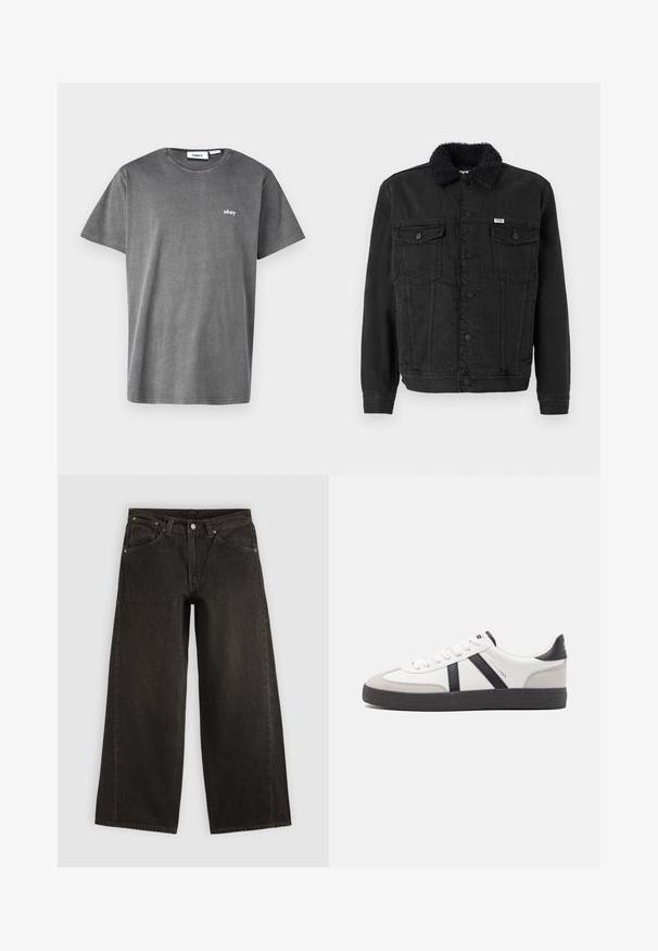 Schwarze Jeansjacke mit einem Kunstpelzkragen, ausgestattet mit einer Knopfleiste, zwei Brusttaschen und einer taillierten Passform. Einheitliche Textur ohne Muster.; Graues Baumwoll-T-Shirt mit kurzen Ärmeln, Rundhalsausschnitt und kleinem weißen "obey"-Logo auf der Brust. Glatte Textur, lässiges Design.; Schwarze Jeans mit weitem Bein aus Denim, mit Fronttaschen, Knopfverschluss und Gürtelschlaufen, flach auf hellem Hintergrund dargestellt.; Weiße Sneaker mit schwarz- und grau-aczenten, ausgestattet mit einer strukturierten grauen Zehenkappe, schwarzer Gummi-Sohle und flachen weißen Schnürsenkeln. Sauberes Design, minimalistische Stil.