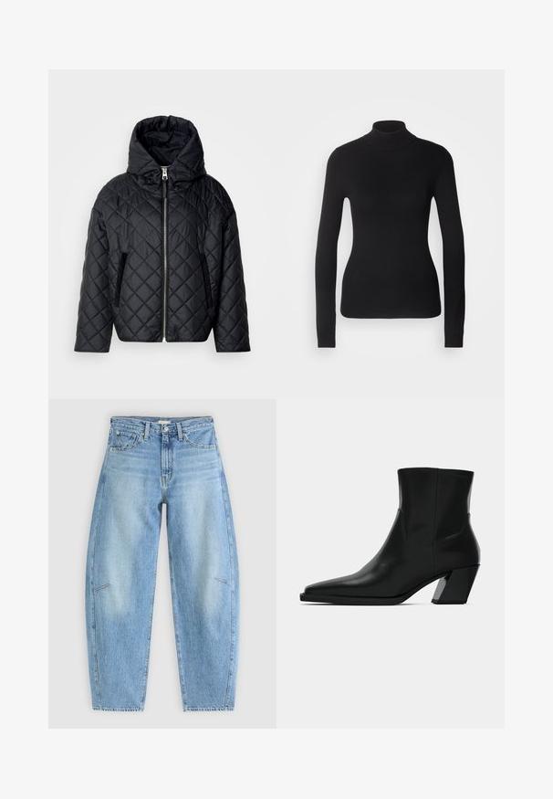 Gekleed zwarte gewatteerde puffer jacket met een capuchon, een ritssluiting aan de voorkant en zijzakken; heeft een gladde afwerking en een zachte textuur.; Zwarte coltrui gemaakt van lichte brei stof. Heeft lange mouwen, een aansluitend design en een zachte ribbeltextuur.; Lichtblauwe denim jeans met een relaxte pasvorm, met een hoge taille, rechte pijpen en subtiele stiksels op de voorzakken.; Zwarte leren enkelboot met een spitse neus, een slanke silhoeet en een chunky vierkante hak. Gladde textuur met minimale stikdetails.