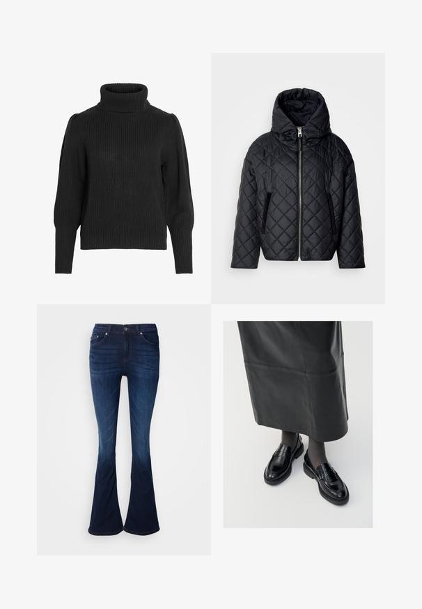 Quiltet sort pufferjakke med hætte, frontlynlås og sidelommer; har en glat overflade og blød tekstur.; Sort strikket sweater med en høj, ribbet halsudskæring. Har dropped shoulders og ribbede manchetter ved de lange ærmer, tekstureret stof.; Udenærende mørkeblå denimbukser med en glat tekstur, fem-lomme-design og knaplukning. Har en gradvis lysere overgang mod kanten.; Sorte læder loafers med en glat finish, prydet med en dekorativ rem, rund tå og tekstureret sål. Båret med en lang sort læderskirt.
