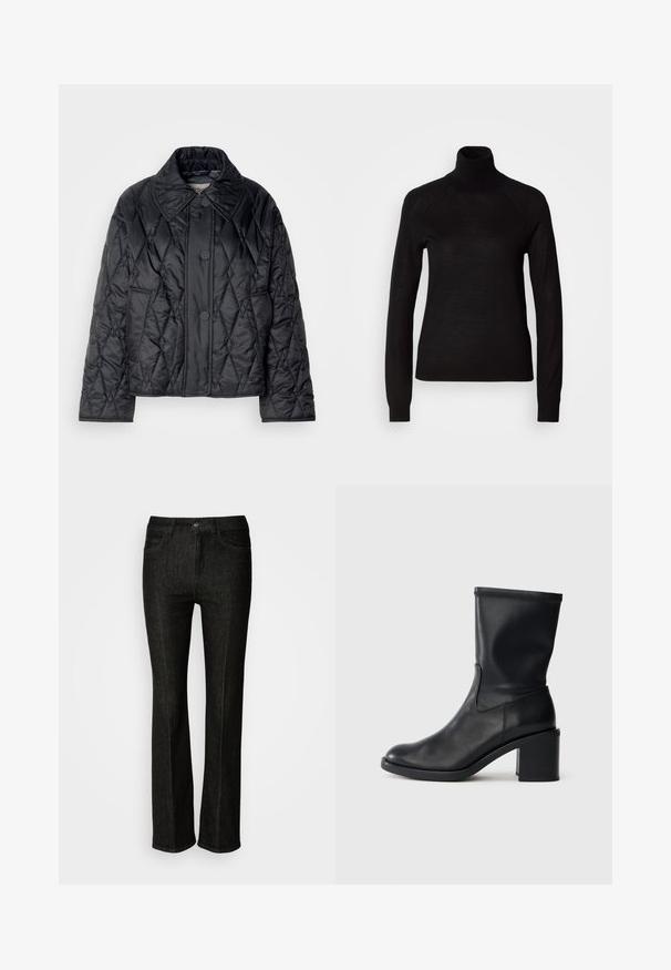 Veste matelassée noire en nylon brillant. Dotée d'un grand col, d'une couture en motif losange et de trois boutons sur le devant. Les manches sont légèrement plus larges.; Pull à col roulé noir en tissu tricot léger. Avec des manches longues et une silhouette ajustée dotée de coutures raglan.; Jeans en denim noir à coupe droite, avec une fermeture à bouton, cinq poches et des détails de couture subtils. Texture lisse et design classique.; Botte en cuir noir à cheville avec un bout rond, texture lisse et un talon épais, présentant un tige ajustée et un subtil détail de couture.