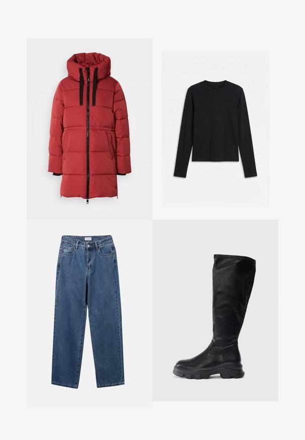 Rote Daunenjacke mit hohem Kragen, ausgestattet mit einem schwarzen Reißverschluss, einer Kordelzugkapuze und Seitentaschen, aus einem glatten, gepolsterten Material gefertigt.; Schwarzes Langarmshirt mit rundem Ausschnitt und figurbetontem, schlichtem Design, dargestellt vor weißem Hintergrund.; Klassische blaue Denim-Jeans mit geradem Bein, fünf Taschen und Knopfverschluss. Sie verfügen über eine mittelblau gewaschene Optik und sind aus robuster Textur.; Schwarze knielange Stiefel aus glattem Leder, mit einer robusten Gummisohle mit strukturiertem Grip und einem schlanken Design.