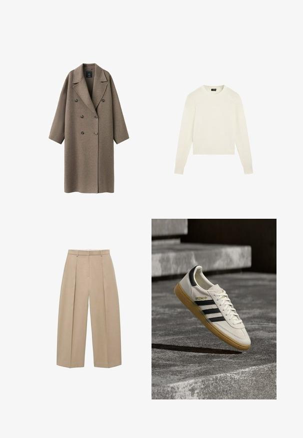 Manteau croisé en laine marron avec un large revers, des épaules tombantes et deux gros boutons. Texture lisse et coupe oversize.; Pull blanc uni en maille avec manches longues, poignets et ourlet côtelés, et encolure ronde, présenté sur fond blanc.; Un pantalon large beige suspendu verticalement, avec des plis avant et une taille plate, mettant en avant un style neutre et élégant.; Baskets Adidas Spezial blanches avec des rayures noires et une semelle en gomme flottant au-dessus de marches en pierre grises à l'extérieur.