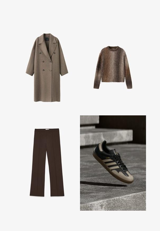 Abrigo de lana marrón de doble botonadura con solapa ancha, hombros caídos y dos botones grandes. Textura suave y ajuste extragrande.; Jersey de manga larga y textura suave con un patrón en degradado que combina colores marrón, gris y beige, con cuello redondo y textura suave.; Pantalones marrones de pierna ancha confeccionados en una tela suave; presentan pliegues frontales y una cinturilla estándar. Diseño minimalista sin cierre visible.; Zapatilla de cuero negra y beige con tres rayas blancas, suela de goma beige y detalles dorados "Samba" en el lateral.