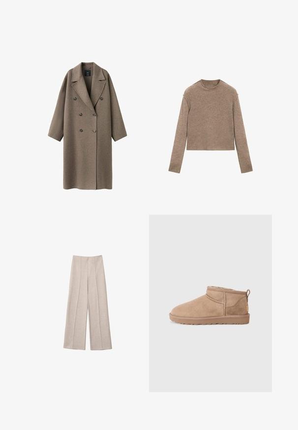 Brun uld dobbeltradet frakke med bredt revers, sænkede skuldre og to store knapper. Glat tekstur og overdimensioneret pasform.; Brun langærmet kort sweater med rund halsudskæring, vist fladt på en hvid baggrund.; Beige vide bukser lavet af et blødt stof, med markante for-pletter og en skræddersyet høj talje design, uden synlige lommer.; Brune ruskinds ankler støvler med blød indvendig foring, quiltede detaljer og en struktureret gummisål for godt greb. Sløjfe bagpå for nem påtagning.