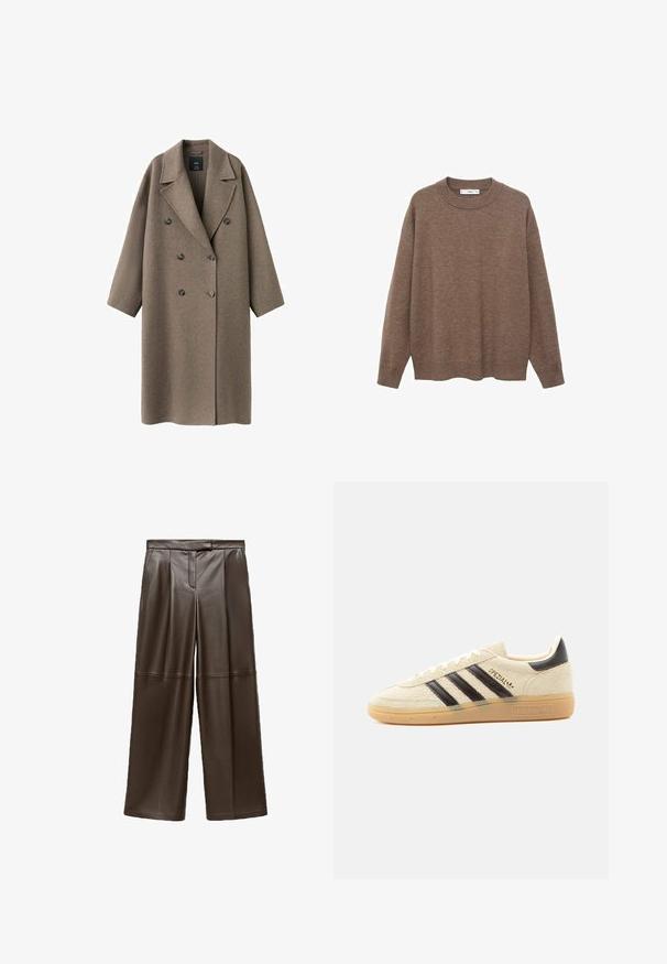 Brun uld dobbeltradet frakke med bredt revers, sænkede skuldre og to store knapper. Glat tekstur og overdimensioneret pasform.; Brun strikket sweater med rund halsudskæring og lange ærmer. Den har en afslappet pasform samt ribbede manchetter og søm for ekstra tekstur.; Brune læder brede bukser med en glat tekstur, der har folder foran og et klassisk taljebånddesign.; Kremfarvet ruskindssneaker med sorte striber, gummisål, sort hælstrop og gyldent "SPEZIAL"-tekst på siden.