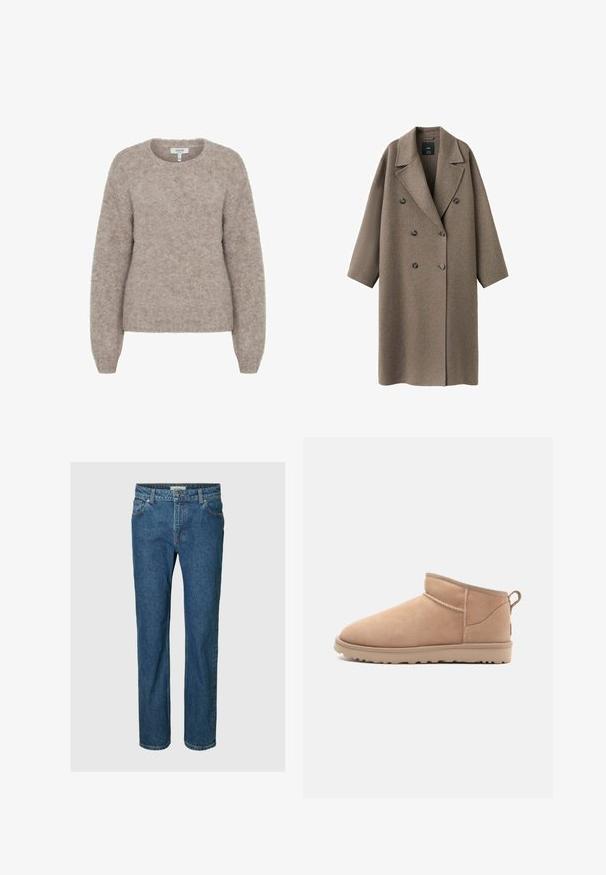 Brun uld dobbeltradet frakke med bredt revers, sænkede skuldre og to store knapper. Glat tekstur og overdimensioneret pasform.; b.young BYMILLER - Striktrøje - humus melange; Blå straight-leg denim jeans med frontknapper og lynlås, bæltestropper samt for- og baglommer.; Brune ruskindsankelstøvle med en rund tå, blød tekstur, enkelt design og en lavprofil gummisål. Har en trækrem bagpå.