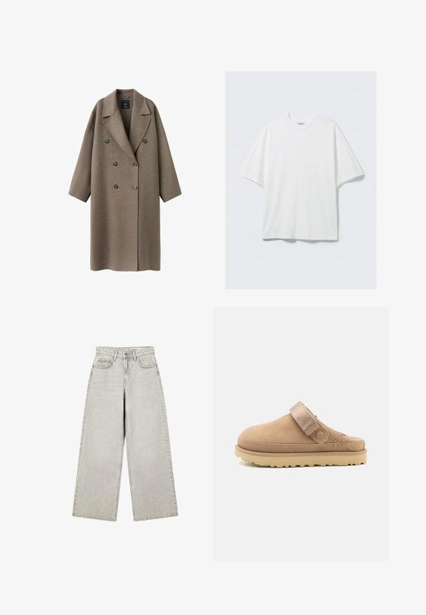 Bruine wollen mantel met een dubbele rij knopen, een brede reverskraag, verlaagde schouders en twee grote knopen. Gladde textuur en oversized pasvorm.; Wit oversized katoenen T-shirt met korte mouwen, ronde hals en een klein merkembleem aan de binnenkant van de kraag.; Lichtgrijze jeans met wijde pijpen, voorknopen, riemlussen en voorzakken, plat gelegd op een witte achtergrond.; Beige suède instapklomp met een gestructureerde bovenzijde, verstelbare band en een stevige rubberen zool met een grof patroon voor grip.