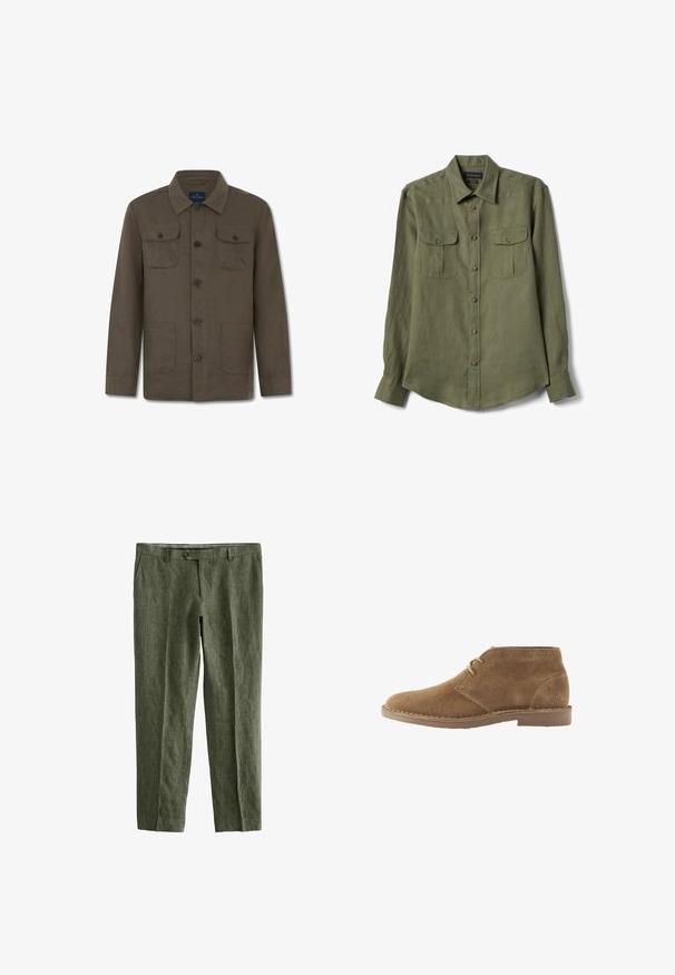 Veste marron à manches longues boutonnée avec col, deux poches à rabat avec boutons sur la poitrine et deux poches avant basses.; Chemise boutonnée à manches longues de couleur vert olive avec deux poches poitrine à boutons et un col pointu, étalée à plat sur un fond blanc.; Next SIGNATURE - REGULAR FIT - Pantalon classique - olive green; Chaussure décontractée montante en daim marron avec deux œillets pour lacets et semelle cousue sur fond blanc, vue de côté.