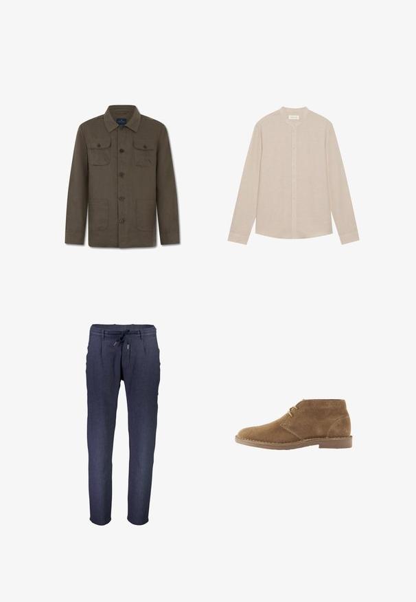 Bruine lange jas met knopen, kraag, twee borstzakken met kleppen en knopen, en twee lagere voorzakken.; Beige overhemd met lange mouwen, gemaakt van lichtgewicht stof, met een mandarincol en een knoopsluiting aan de voorkant met subtiele textuur.; Middengrijze, taps toelopendebroek gemaakt van textuurstof, met een elastische tailleband met verstelbaar trekkoord en zijzakken.; Bruine suède enkellaars casual schoen met twee veterogen en gestikte zool op witte achtergrond, zijaanzicht.