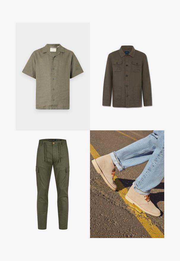 Bruine lange jas met knopen, kraag, twee borstzakken met kleppen en knopen, en twee lagere voorzakken.; Korte mouw shirt in olijfgroen linnen met een camp collar en zes bijpassende knopen aan de voorkant, met een relaxte pasvorm en gestructureerde stof.; Olijfgroene cargobroek met een verstelbare taille, textuurstof, zijzakken en een slim fit ontwerp. Knopsluiting aan de voorkant.; Beige suède enkellaarsjes met oranje veters, ronde neus en een lichte rubberen zool, gecombineerd met opgerolde lichtblauwe denim jeans.