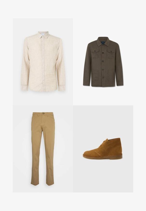 Bruine lange jas met knopen, kraag, twee borstzakken met kleppen en knopen, en twee lagere voorzakken.; Beige overhemd met lange mouwen, gemaakt van gestructureerde stof, met een klassieke kraag, knoopsluiting en een ontspannen pasvorm.; Khaki chinos met een slim fit, gemaakt van een katoenmix. Voorzien van een knoopsluiting en standaard vijf-pocketontwerp. Soepele textuur.; Bruine suède enkellaars met twee oogjes en een crepézool op een effen lichtgrijze achtergrond.
